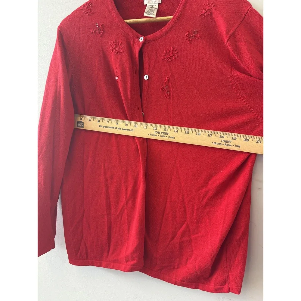 Liz Baker Cardigan Sweater Womens 1X Red Floral Embroidered Button Front Knit